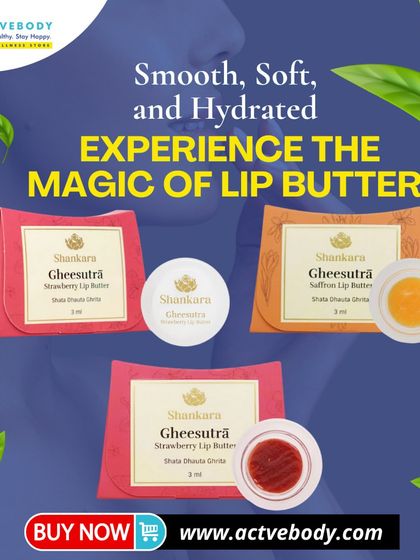 Experience the magic of lip butter for smooth, soft, and hydrated lips. This image displays Shankara's Gheesutra Lip Butter in Strawberry and Saffron flavors, highlighting their natural, nourishing formula.
