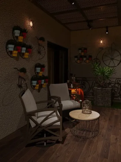 The same rustic balcony at night. The warm lighting highlights the unique decor and creates a cozy and inviting ambiance, perfect for evening relaxation.