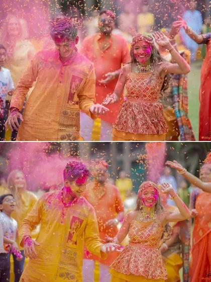 The pure joy of a Haldi celebration, with the couple dancing amidst a shower of pink color and flower petals.