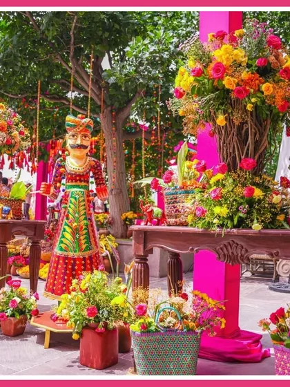 Details from our Rajasthani Mela theme, including traditional props and bright, festive floral arrangements that capture the essence of Rajasthan.
