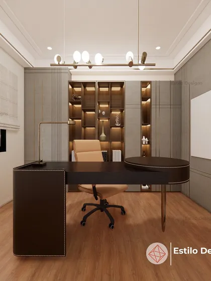 For this contemporary office, the goal was to create a luxurious yet functional executive cabin. The design features a custom desk, integrated shelving with warm backlighting, and a neutral color scheme that promotes focus and productivity.