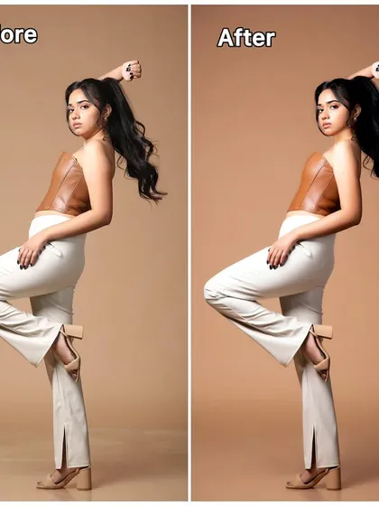 Before and after: In this e-commerce edit, I refined the background, sharpened the image, and performed minor body shaping to create a clean and professional product shot.