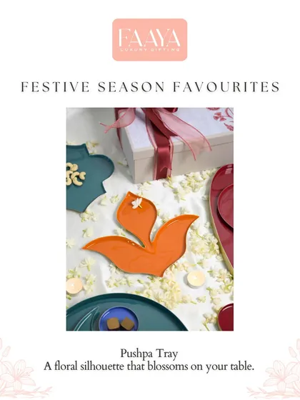 A floral silhouette that blossoms on your table. This graphic features the Pushpa Tray, another hero piece from our 'Symbols of Celebration' collection, celebrated for its unique, nature-inspired shape.