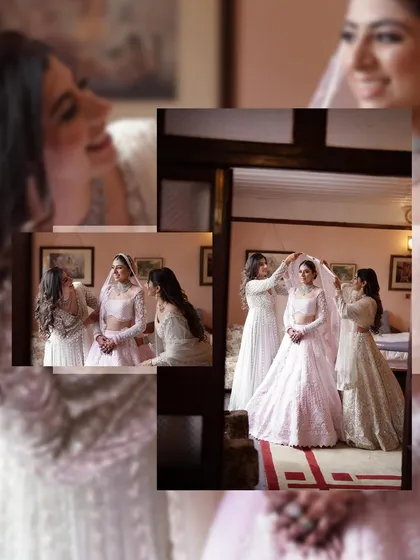 A collage of candid moments of the bride getting ready with her bridesmaids. The laughter and shared smiles tell a story of friendship and excitement.