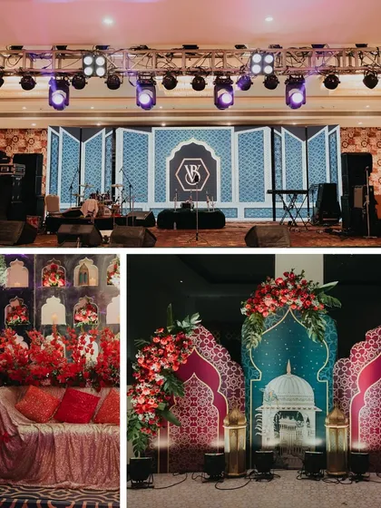 A Sufi night setup with intricate backdrops, rich red florals, and traditional lanterns, creating a soulful and mystical ambiance.