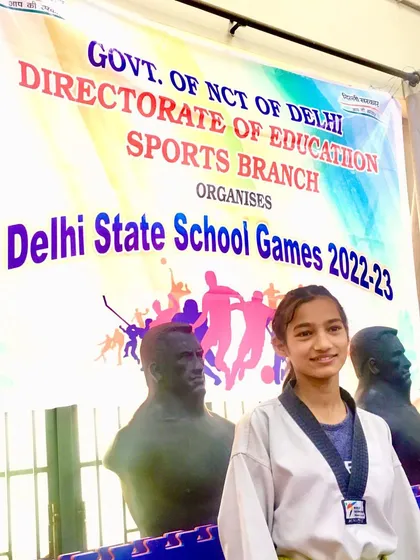 Gold medalist Khushi at the Delhi State School Games 2022-23. Her performance is an example of the high standards we set.