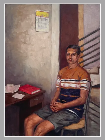 "Solitude," an oil painting depicting a quiet, introspective moment. I enjoy creating narrative scenes that tell a story about the subject's inner world.