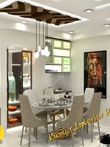 A closer look at the dining area from image 13, highlighting the elegant chairs and the custom-built bar and crockery unit.