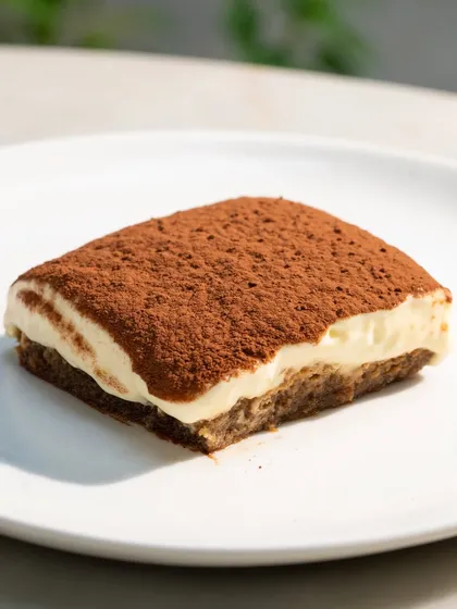 A simple, elegant slice of tiramisu on a white plate. The clean lighting and composition make the dessert look sophisticated.