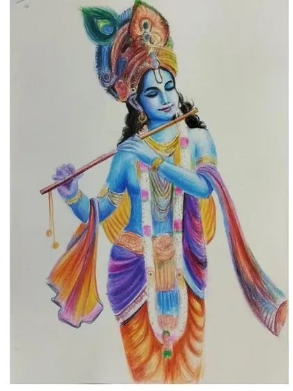 A detailed color pencil drawing of Lord Krishna playing his flute. I focused on the vibrant colors of his attire and the serene expression on his face.