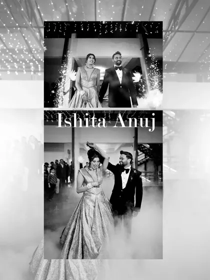 A dramatic black and white collage of the couple's Sangeet entrance, complete with smoke and sparklers for a grand effect.