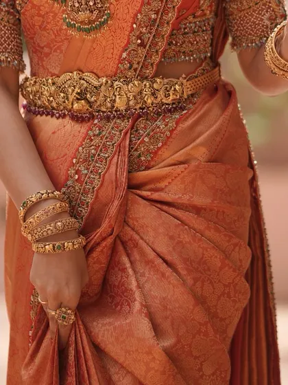 Additional views showcasing the variety and detail of my heirloom bridal sarees. Each image captures a different angle, moment, or detail, from full portraits to close ups of the fabric and embroidery, illustrating the complete story of each bride's custom creation.