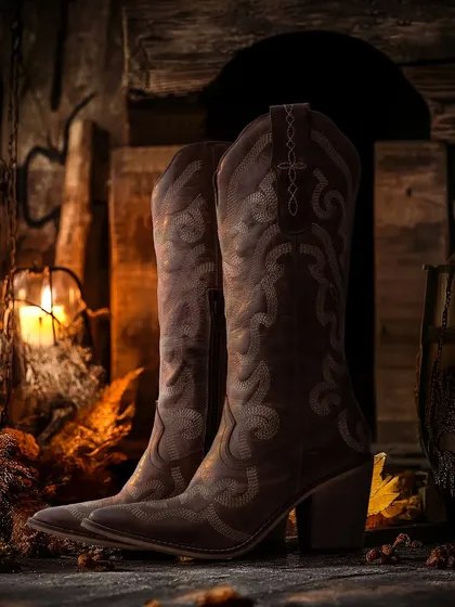 A rustic, atmospheric shot of intricately stitched cowboy boots. The warm, candle-lit setting with wooden elements creates a vintage, Western vibe that tells a story.