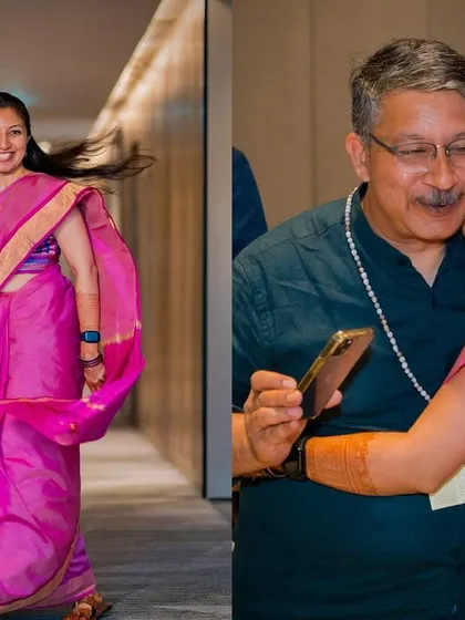 A beautiful diptych showing the bride's joyful twirl and a heartwarming, candid hug with her father.