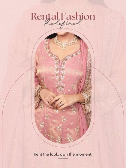 This image showcases the beauty of a fully coordinated ethnic look. The pink embroidered suit, paired with a matching necklace and bangles, shows how renting a complete set makes getting ready so much easier.