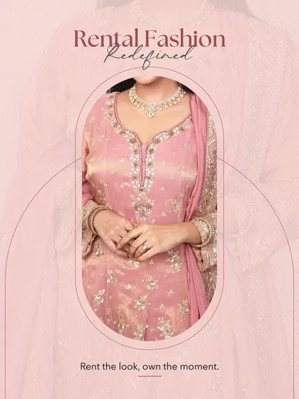 This image showcases the beauty of a fully coordinated ethnic look. The pink embroidered suit, paired with a matching necklace and bangles, shows how renting a complete set makes getting ready so much easier.