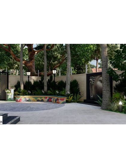 A 3D render of a serene backyard design. This visualization showcases key features like the circular stone patio, a custom mosaic bench, and a tranquil Buddha water feature, giving the client a complete picture of their future oasis.