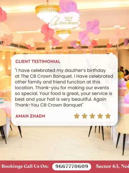 This is a repeat of Aman Zhaem's review, set against a different background, reinforcing their satisfaction with our food, service, and beautiful hall for their daughter's birthday and other functions.