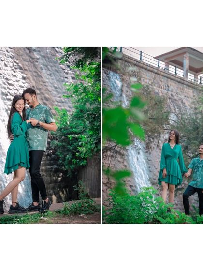 A diptych of a couple in a green, natural setting, posing happily by a small waterfall, showcasing their connection.