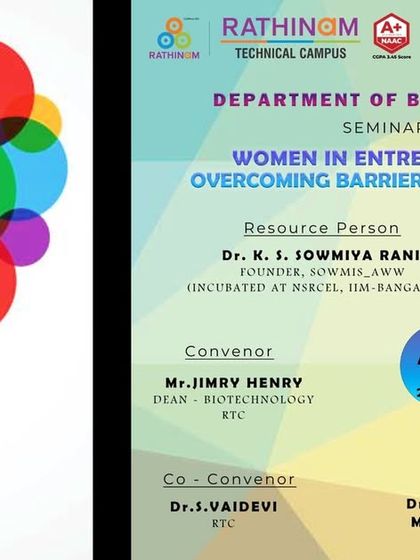 The poster for a seminar on "Women in Entrepreneurship: Overcoming Barriers and Challenges" for the Department of Biotechnology at Rathinam Technical Campus.