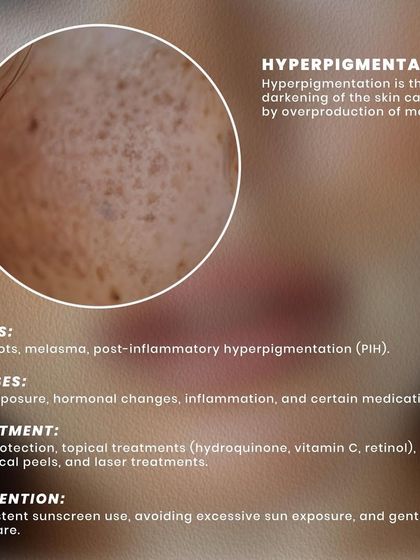 Hyperpigmentation is the darkening of skin caused by excess melanin. It can be triggered by sun exposure or hormonal changes and is treated with topical agents, chemical peels, and laser treatments.