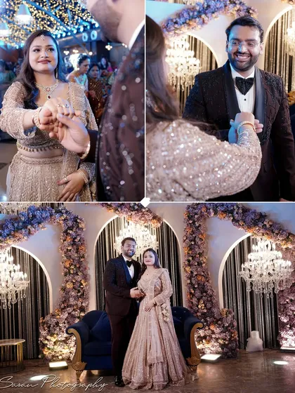 A collage showing the couple's dance and portraits from their beautifully decorated engagement ceremony.