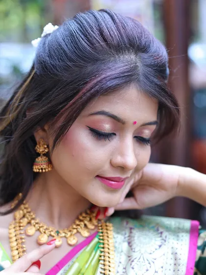 Another angle of the soft glam look, showing the subtle details.