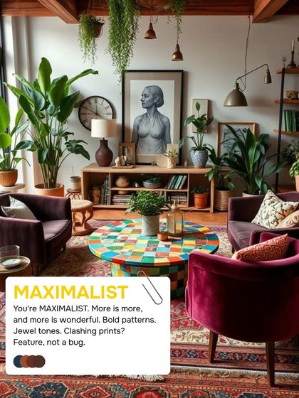 If you believe more is more, you're a MAXIMALIST. You love bold patterns, jewel tones, and clashing prints. For you, features are not bugs, and your home is a vibrant expression of your personality.