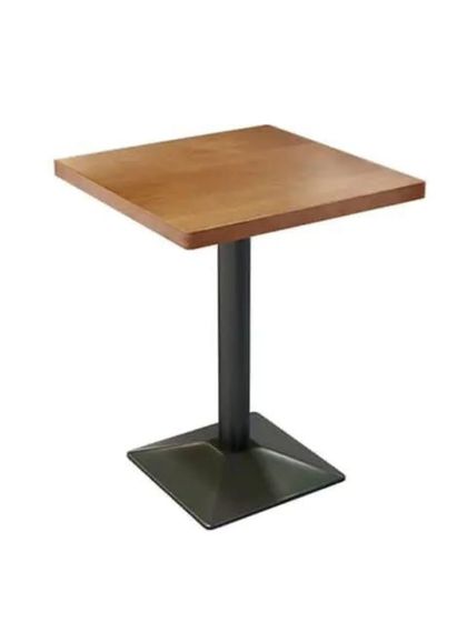 A classic square cafeteria table with a solid wood top and a heavy-duty single pedestal base. This design provides stability and maximizes legroom, making it a practical choice for cafes and food courts.