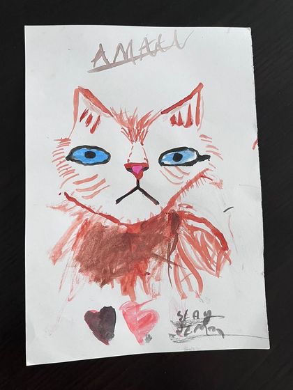 This artist's cat portrait has a cool, confident expression, brought to life with bold strokes and expressive blue eyes.