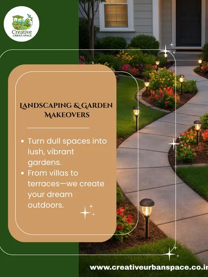 My landscaping and garden makeovers turn dull spaces into lush, vibrant gardens. This graphic highlights my work on a beautifully lit garden pathway, showcasing how I create dream outdoors for everything from villas to terraces.