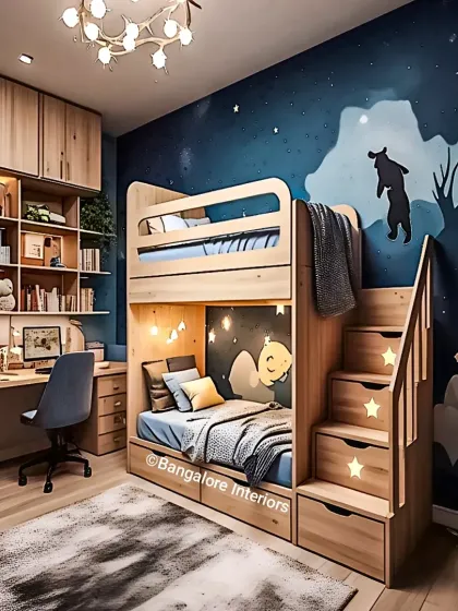 Our outer space-themed bunk bed combines adventure with practicality. It features built-in stairs with storage drawers, a dedicated study nook, and a captivating night sky mural to inspire cosmic dreams.