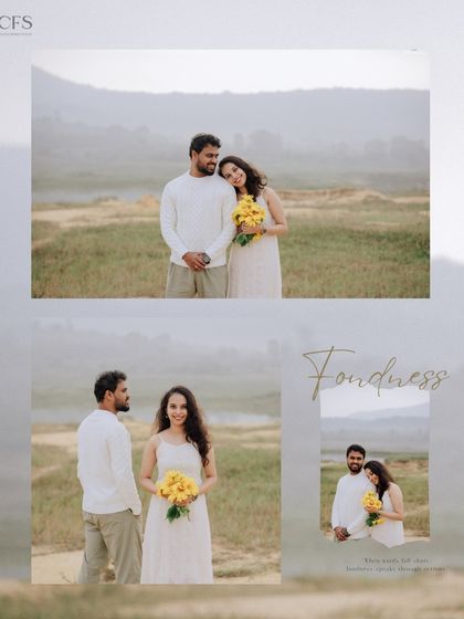 A collage that captures the warm and fond moments of a couple's outdoor shoot, filled with smiles and gentle touches.