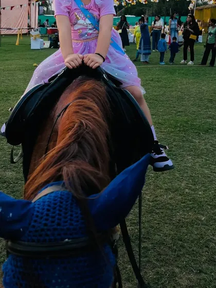 A unique birthday party experience. A young girl in a princess dress enjoys a ride on her "unicorn" for the day.