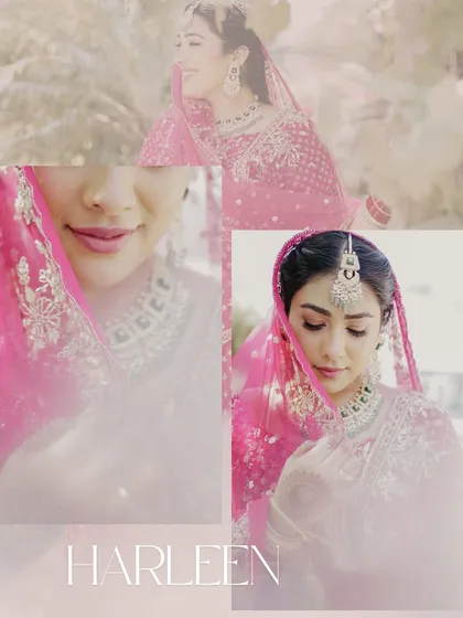 A dreamy, artistic collage of a Sikh bride in her vibrant pink wedding attire. The soft overlays and close-ups on her smile create a gentle and romantic mood.