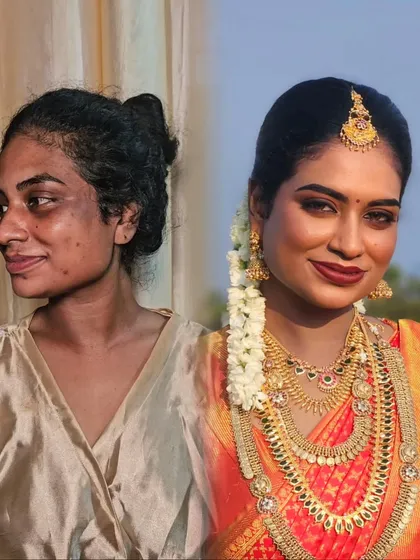 A powerful before-and-after for a dusky-skinned model. I embraced her beautiful, deep skin tone and gave her a flawless matte finish with a bold lip for a regal and traditional look.