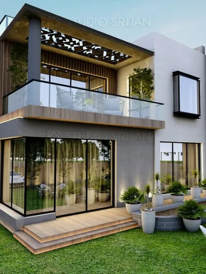 Another angle of the 3D render for the Gurgaon villa, focusing on the rear facade and its connection to the lawn. This view highlights the wooden deck and the patterned ceiling of the upper balcony, features that were precisely built as seen in image 15.