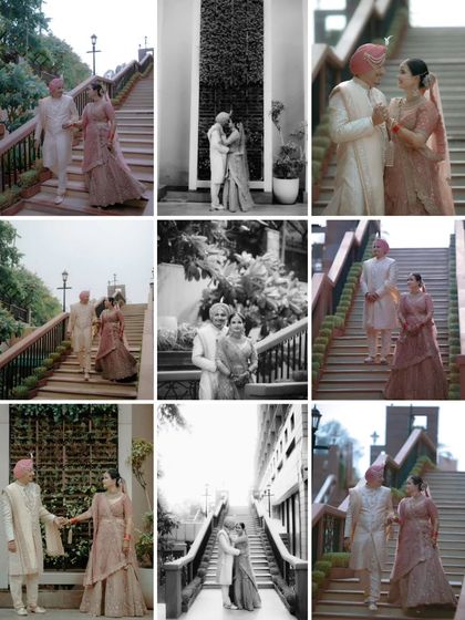 A comprehensive collage of Roshan and Gurveen's wedding portraits, mixing color and monochrome to tell their story.