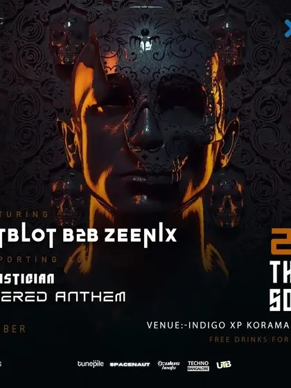 The poster for a "Rooftop Rituals" night at Indigo XP, where I played a B2B set with my friend Zeenix. Our styles complement each other perfectly for a dynamic techno journey.