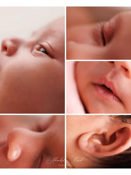 The tiniest details tell the biggest stories. This macro collage focuses on the delicate features of a newborn: the curve of an ear, the pout of the lips, and the softness of their skin. It is the art of detail that makes these memories so precious.