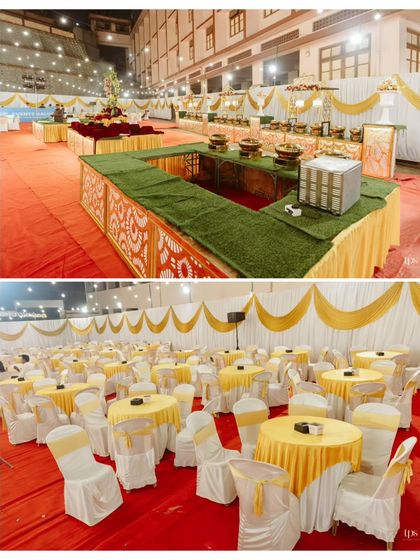 An overview of the guest seating and buffet area. The use of yellow and white linens, combined with green turf on the buffet counters, created a bright and cheerful atmosphere for the outdoor reception.