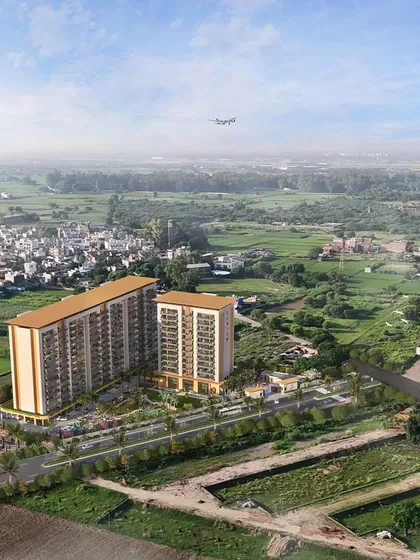 An aerial render showing the Gulnaar Zenium project in its wider context, demonstrating how the design integrates with the surrounding landscape.