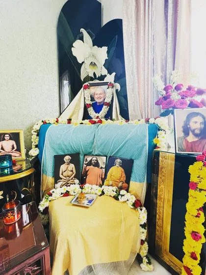 A home altar dedicated to Swami Kriyananda, surrounded by the other masters. Creating a sacred space in our own homes is a key practice for keeping our minds focused on God.