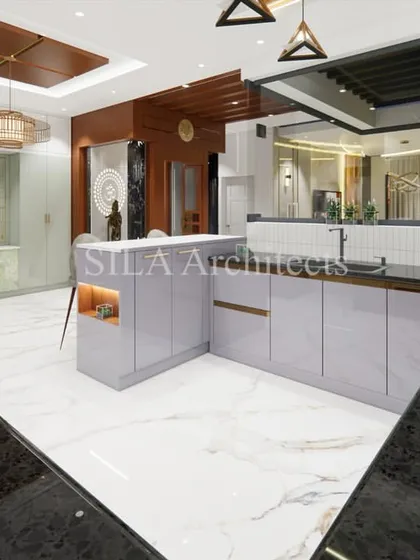 A view from the kitchen into the open-plan living area. This render shows an island kitchen with a breakfast counter, seamlessly connecting the cooking, dining, and relaxation zones.
