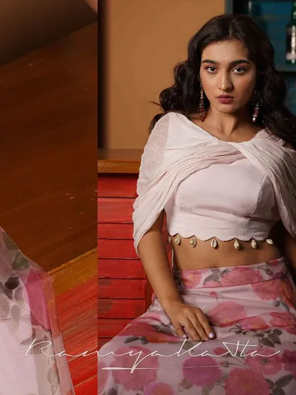 A composite image showing the details of the floral skirt and the unique draped off-shoulder top, a perfect blend of modern design and romantic florals.