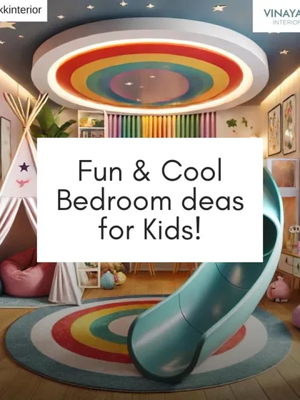 A fun and vibrant kids' room idea with a rainbow-themed ceiling and rug. The indoor slide and teepee tent make this room the ultimate play zone.