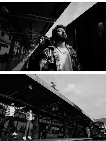 Two black and white images from a pre-wedding shoot at a train station, using the strong lines and shadows of the platform for a dramatic effect.