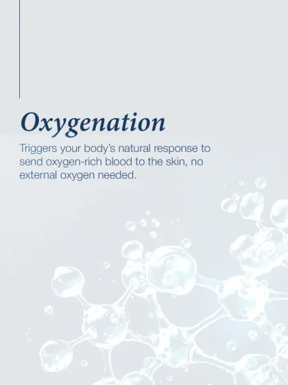 The second step is oxygenation. The treatment creates a response that triggers the body to send oxygen-rich blood to the skin's surface. This natural process revitalizes the skin from within, without any external oxygen source.