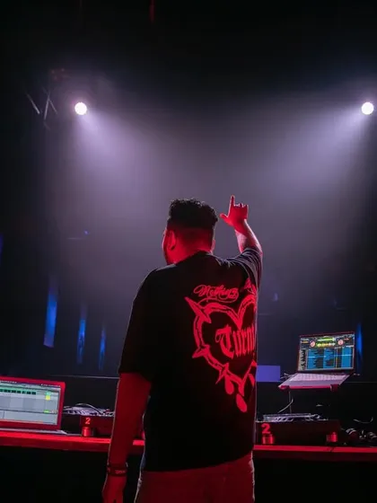 A view from behind, pointing to the sky under two spotlights. This is my signature pose, a signal that the energy is about to go up.