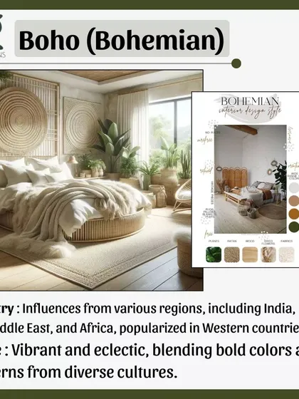 Boho (Bohemian) style is vibrant, eclectic, and free-spirited. It blends bold colors, diverse patterns, and natural textures from various cultures to create a layered and personal look.